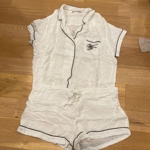 Wildfox White Short Sleeve Pajama Romper with Black Piping